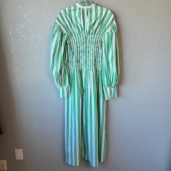Ganni Balloon Sleeve Striped Cotton Dress with smocked middle - Picture 6 of 14